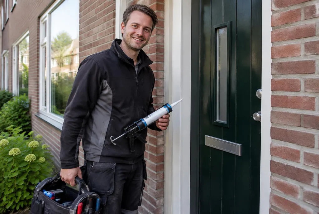Vakman van Kitbedrijf Harskamp bij de voordeur van een woning
